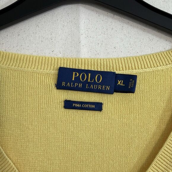 Polo Ralph Lauren Men's Sweater Yellow Pima Cotton V-Neck Logo Pullover X Large - Picture 3 of 7